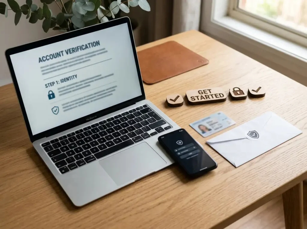 Laptop and phone beside an abstract identity document and secure account symbols