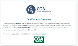 Curaçao Gaming Authority certificate page showing GBL Solutions N.V. and the WinShark domain entry