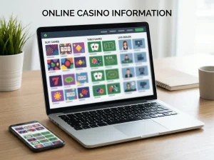 Laptop and phone displaying abstract game tiles arranged in a large casino catalogue