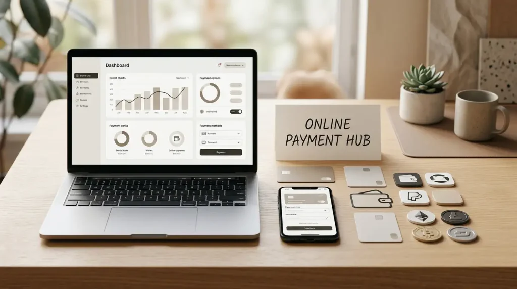 Laptop and phone beside abstract card, wallet and cryptocurrency payment symbols