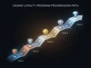Abstract progression path with five tier markers and multiple smaller level steps